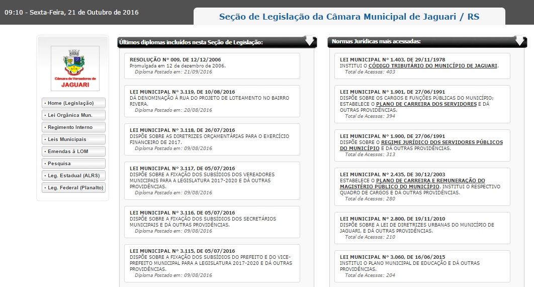 Câmara Municipal de Jaguari disponibiliza à comunidade acesso às Leis Municipais