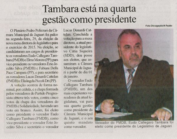 Eleição da Mesa Diretora de 2015 é destaque no Jornal A Razão de 05 de janeiro de 2015