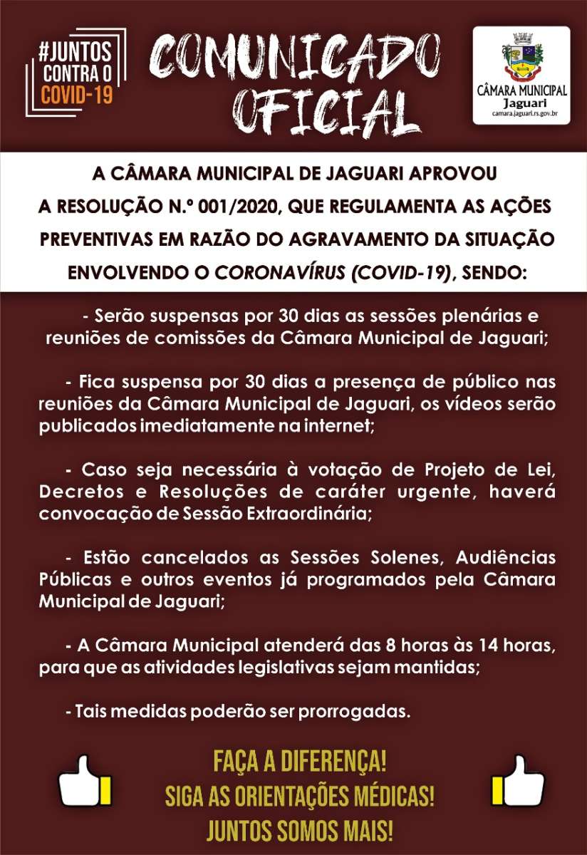 Câmara Municipal de Jaguari adota medidas preventivas contra o Coronavírus