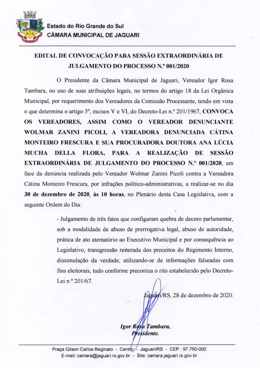 EDITAL DE CONVOCAÇÃO PARA SESSÃO EXTRAORDINÁRIA DE JULGAMENTO DO PROCESSO N.º 001/2020
